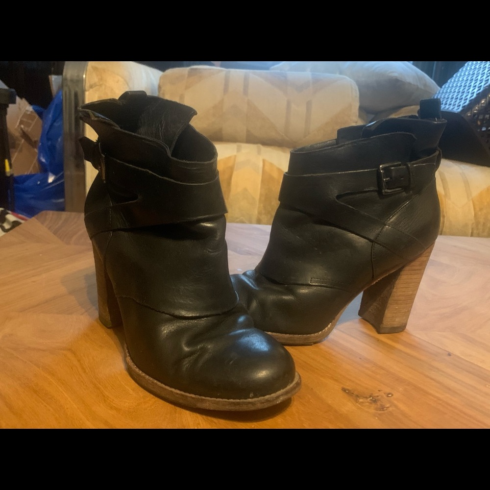 4” black leather booties with buckle